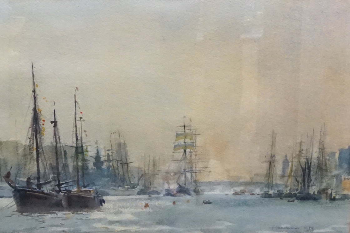 Trevor Chamberlain ROI RSMA (b.1933), watercolour, 'Shipping on the Thames', signed and dated 1989, 34 x 49cm